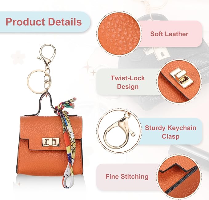 PATIKIL Mini Backpack Keychain, Cute Coin Purse Keychain PU Leather Backpack Purse Key Chain Little Earbud Bag Keychains for Women Mini Card Data Cable Organizer, Orange
