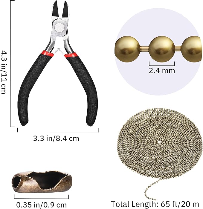 Mudder 65 Feet Stainless Steel Chains, 2.4mm Bead Link Chain with 40 Ball Connector Clasp and Plier for Necklace Hanging Ornament Key Chain Dog Pet Tags(Bronze)