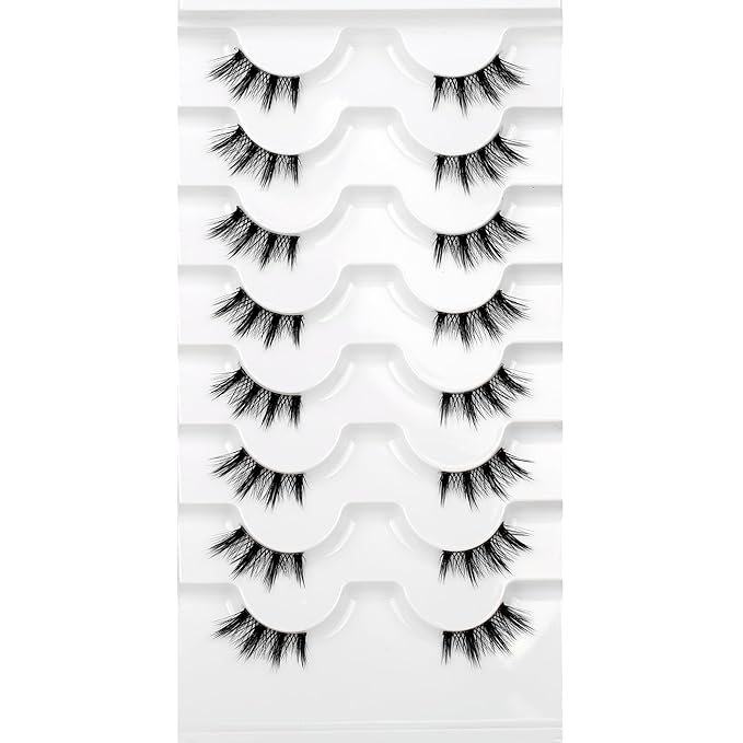 Natural Half Lashes Strips for Nude Makeup Spiky Short Doe-Eye Asian Eyelash Falsies 8 Pairs 3/4 Band Wispy Small Accent Lashes Fairy Wispies Cat Eye Clusters Faux Mink Extensions Fake Eyelashes