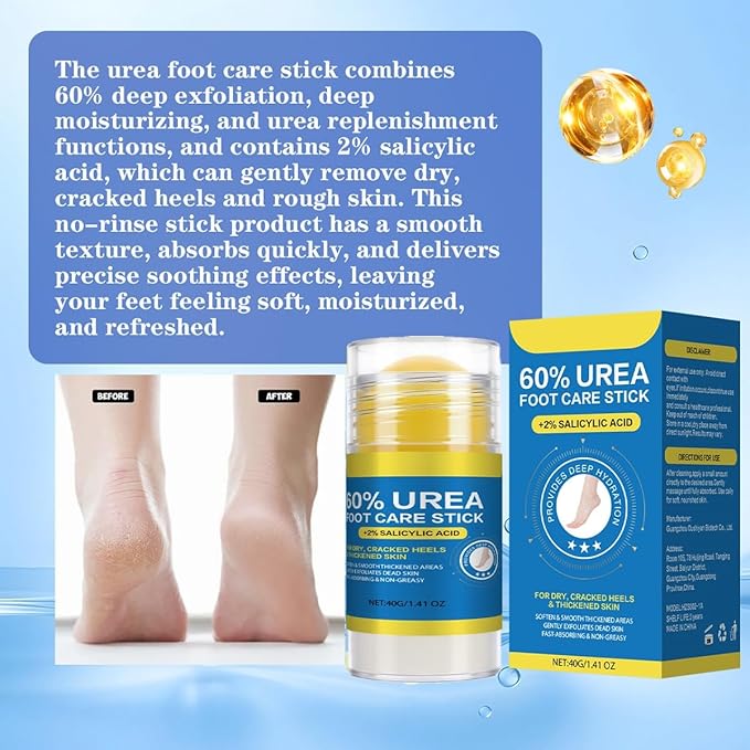 nvyue 60% Urea Cream Stick Plus 2% Salicylic Acid,Foot Cream Moisturizer for Dry Cracked Feet, Knees, Elbows, Hands, Moisturizes and Hydrates,1.41 oz