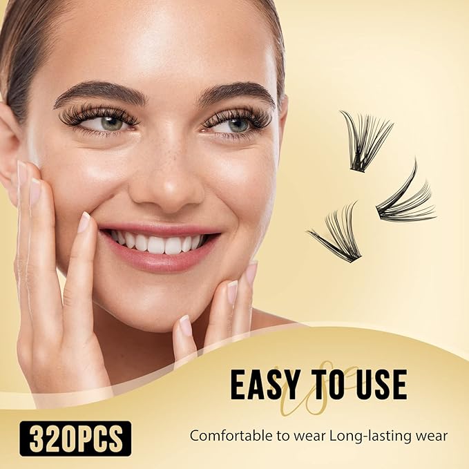 QUEWEL Lash Clusters 320Pcs Cluster Lashes 30D D Curl Lash Cluster Eyelash Extensions Mix9-16mm Individual Eyelashes Clusters Wispy Lash Clusters Thin Band Soft to Use at Home(30D D Mix9-16)
