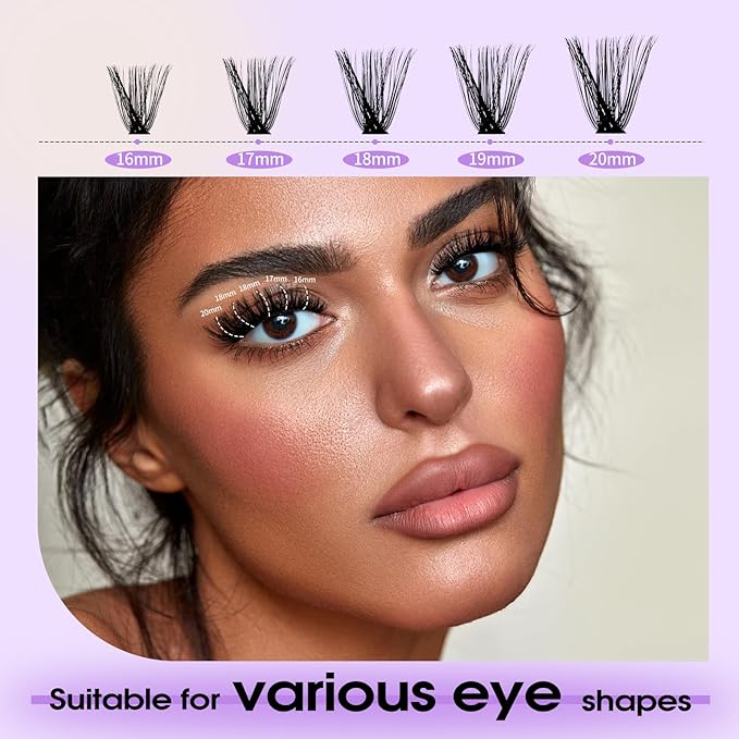 Lash Clusters Kit for Using at Home: Ultra-light, DIY, Natural, Fluffy, Wispy, Waterproof, Anime, Manga, Cat Eye, C Curl, 16-20mm, 60P+80P, Wendy, RT318