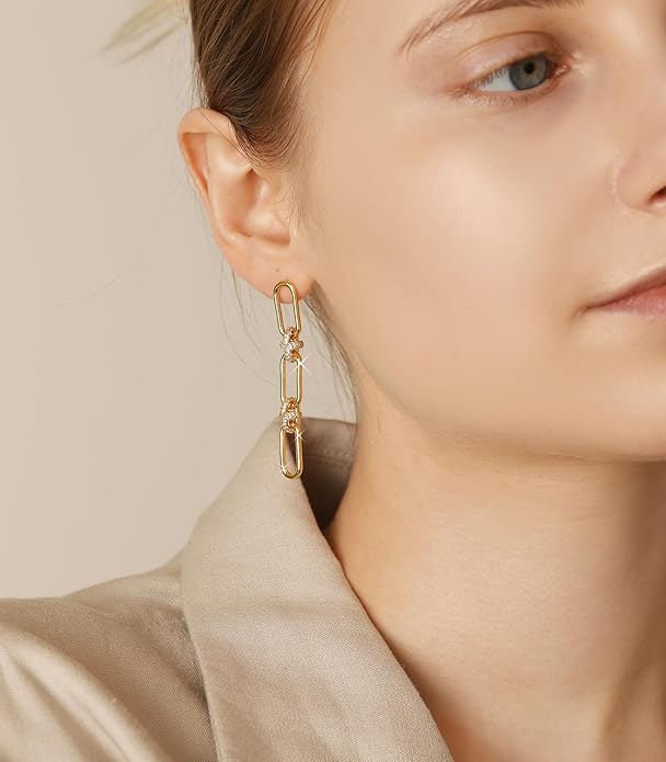 OZEL 14K Gold & Silver Plated Paperclip Chain Earrings with Cubic Zirconia – Dangle, Hoop, Huggie, Stud Styles – Women’s Fashion Jewelry Gift