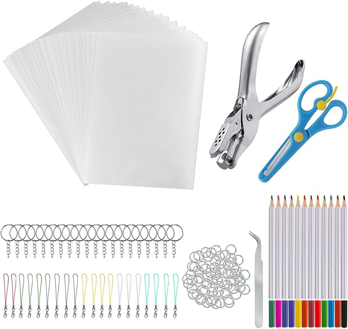chfine Shrink Plastic Art Keychain kit, 175 Pcs Heat Shrinky Art Crafts Kit Including 20Pcs Shrinky Art Film Papers, 155 Accessories for Adults Creative Craft DIY Activity Ornaments Keychains