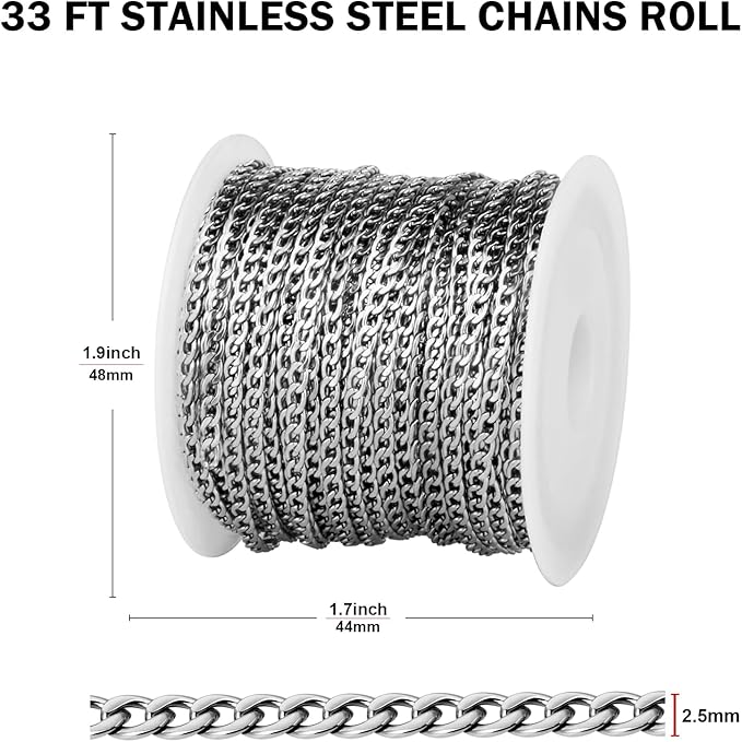 [33FT] Stainless Steel Curb Chains for Jewelry Making, 2.5mm Wide 304 Stainless Steel Cuban Link Chain Roll Bulk for DIY Jewelry Making Craft