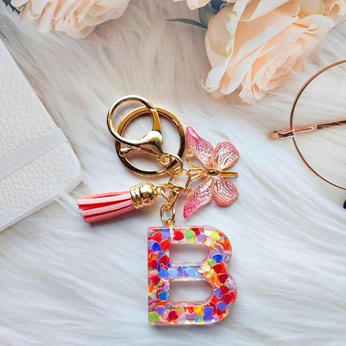 Cute Initial Letter Keychains for Women Girls Tassel Butterfly Pink Purple Green Keychain for Backpack School Bag