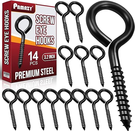 14PCS Black Screw Eyes - 3.2 Inch Heavy Duty Eye Bolts, Cable & Wire Securer - Hammock Stand, Indoor & Outdoor Use