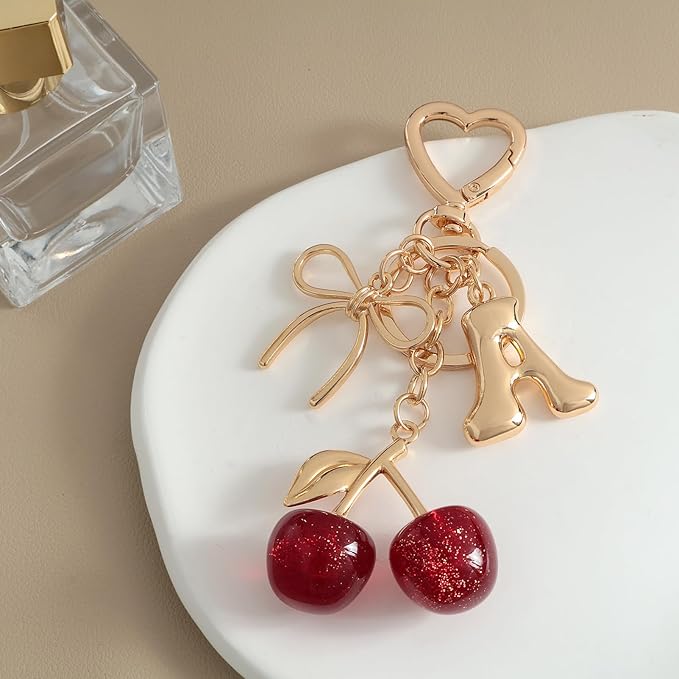 Snycler Bubble Initial Keychain with Cherry & Bow - Gold Letter Bag Charms for Women, Cute Purse Handbag Accessories