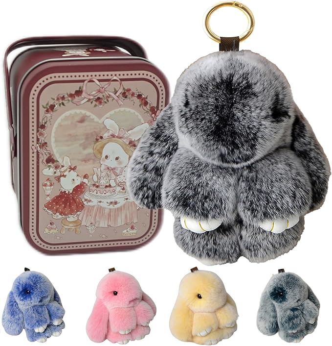Bunny Keychain with Tin,Bunny Handmade Soft Pompom Charms,Fluffy Keychain Accessories for Womens