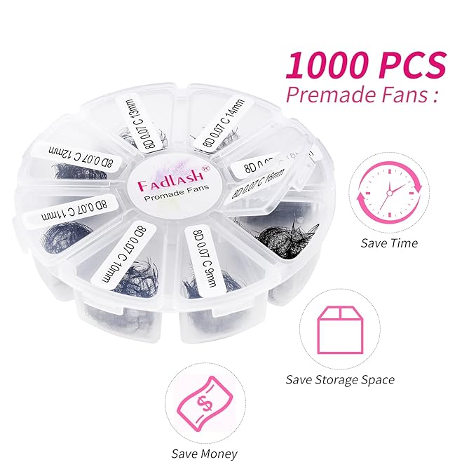 Premade Fans Eyelash Extensions 1000pcs Promades Eyelash Volume Lash Extensions Pointed Base Loose Fans Premade Lash Extensions Fans Handmade Pre Made Volume Lashes Mix (8D-0.07C, 9-16mm)