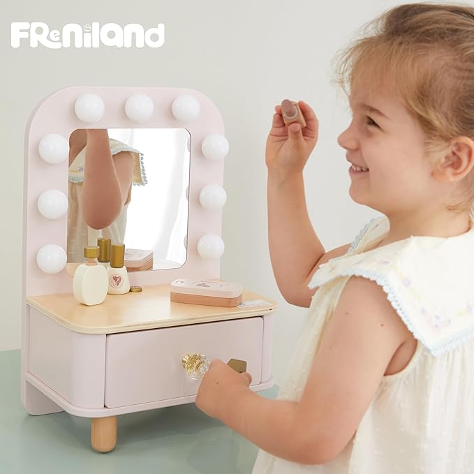 Freniland Wooden Toddler Vanity with Mirror and Light ,Kids Make Up Toy Set,11 Pcs Dressing Table Toy Includes Beauty Salon Set and Makeup Accessories,Pink Vanity for Girls Ages 3+