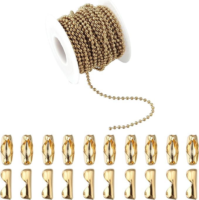 Topacket 33Feet Ball Bead Chain 18K Gold Stainless Steel Dog Tag Chain with Matching Connectors for Jewelry Making Necklace Hanging Bracelets Keychain(2.4mm)