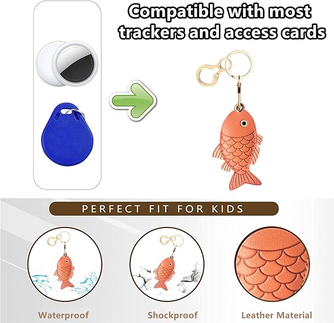 Leather Keychain Holder Case Compatible with AirTag,Cute Protective Cover with Keyring,Anti-Scratch Finder GPS Tracker Case for Wallet Keys,Bag,Pets(Fish Red)