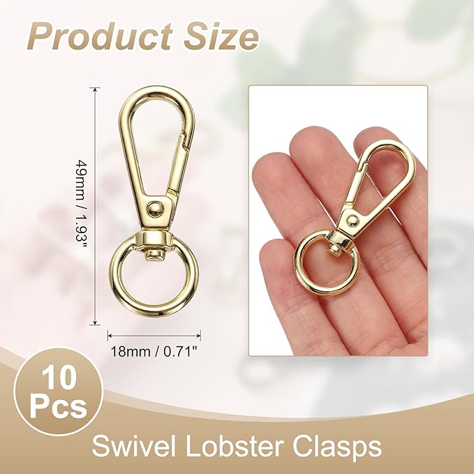 PATIKIL Swivel Lobster Claw Clasps 10pcs Push Gate Snap Hook Metal Trigger Clip Purse Hardware for Keychains Purse Handbag Makings DIY Crafts, Light Gold