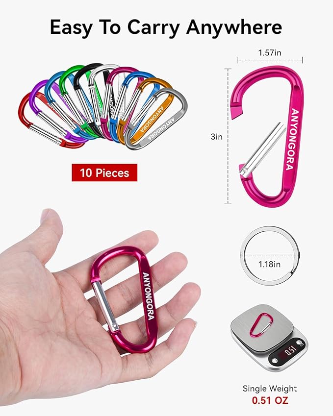 10 PCS Carabiner Clips, 3 Inch Aluminum Carabiners with 10 Key Rings, Multipurpose D-Ring Keychain Hook for Backpack, Camping, Hiking, Travel and Home Organization