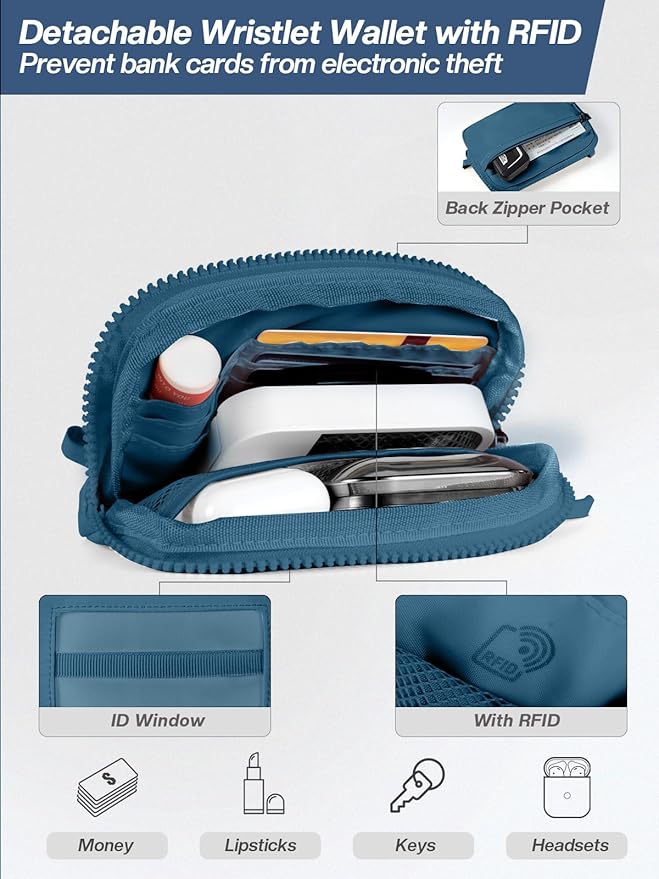 Clip and Go Strap for Phone with Wallet Crossbody Phone Lanyard Adjustable and Detachable RFID Wristlet Wallet with ID Window and Zipper, Blue