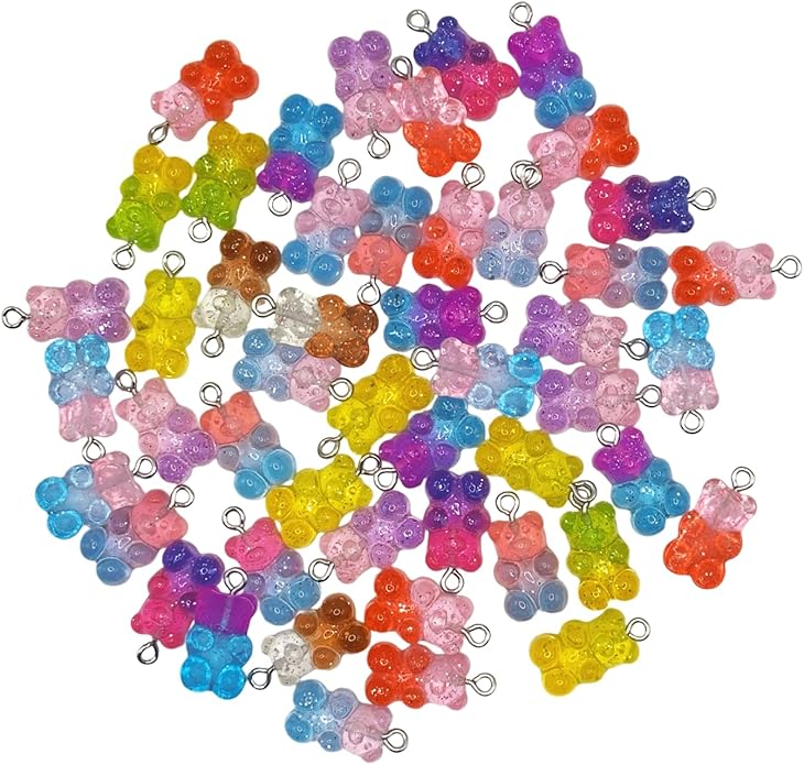 50PCS Little Bear Resin Pendants Charms, Gradient Multicolored Resin Pendant with Iron Loop, Animal Ornament, Kawaii Dangle Charms for Necklace Bracelet Earrings Jewelry Making DIY Crafts
