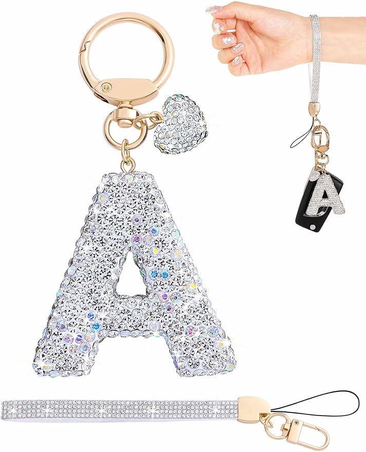 Initial Keychain for Women Girls,Bling Letter Key chain Initial with Heart,Pink Keychain Charms for Backpack Handbag
