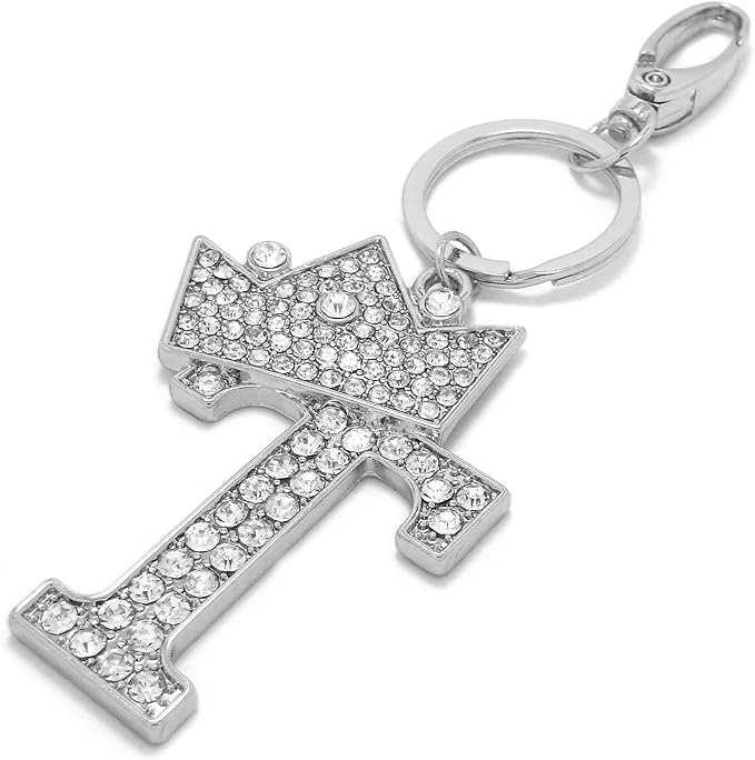 CBC Crown Crystal Rhinestone Letter Initial Keychain, Gold Metal, Bag Charm with Key Ring Approx. 2.17" x 2.56"