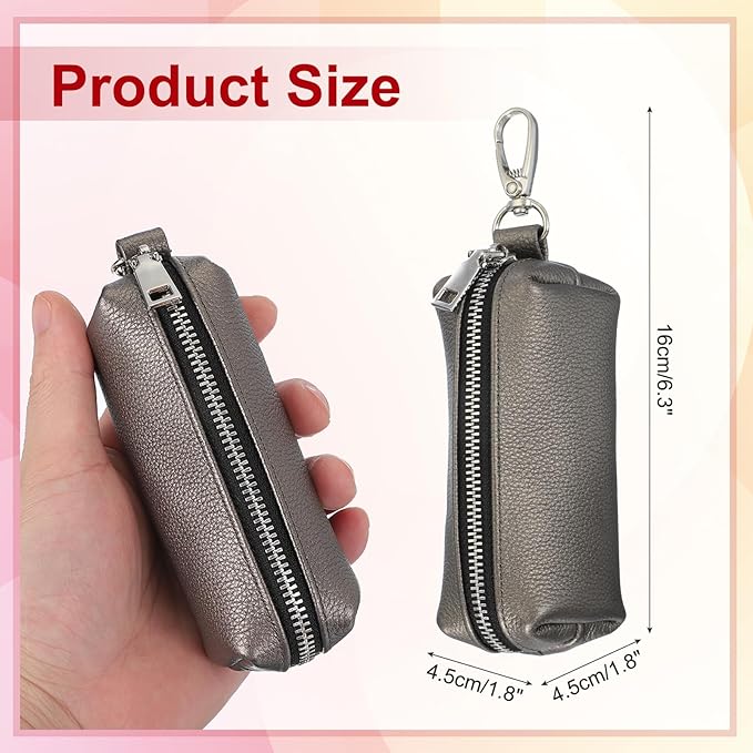 uxcell Leather Coin Purse, Leather Car Key Holder Bag Hand-held Change Purse Keychain Pouch Small Coin Pouch with Key Ring for Women and Men, Silver