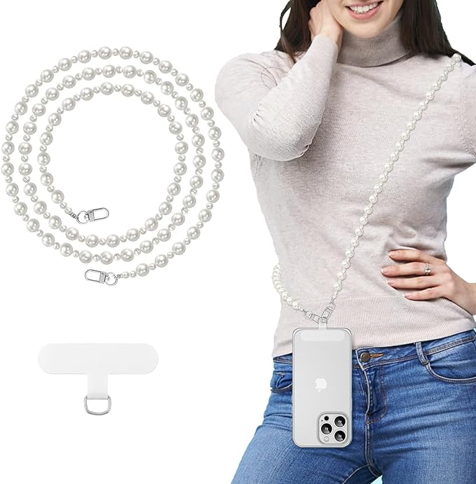 MoKo Universal Phone Lanyard, Pearl Beaded Cell Phone Chain Crossbody Strap Anti-Theft Detachable Women Cellphone Lanyards Around The Neck with Patches for iPhone, Most Smartphones, Ball Pearl