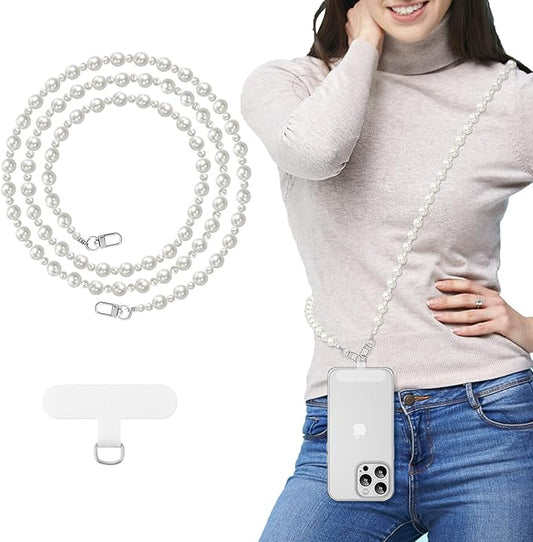 MoKo Universal Phone Lanyard, Pearl Beaded Cell Phone Chain Crossbody Strap Anti-Theft Detachable Women Cellphone Lanyards Around The Neck with Patches for iPhone, Most Smartphones, Ball Pearl
