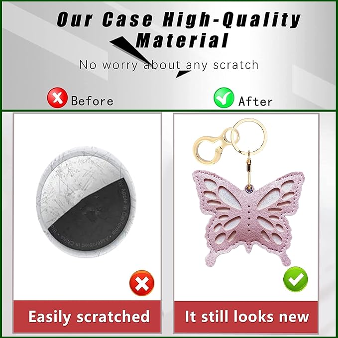 Leather Keychain Holder Case Compatible with AirTag,Cute Protective Apple Air Tag Cover with Keychain Ring,Anti-Scratch Finder GPS Tracker Case for Wallet Keys,Bag,Pets(Pink Butterfly)