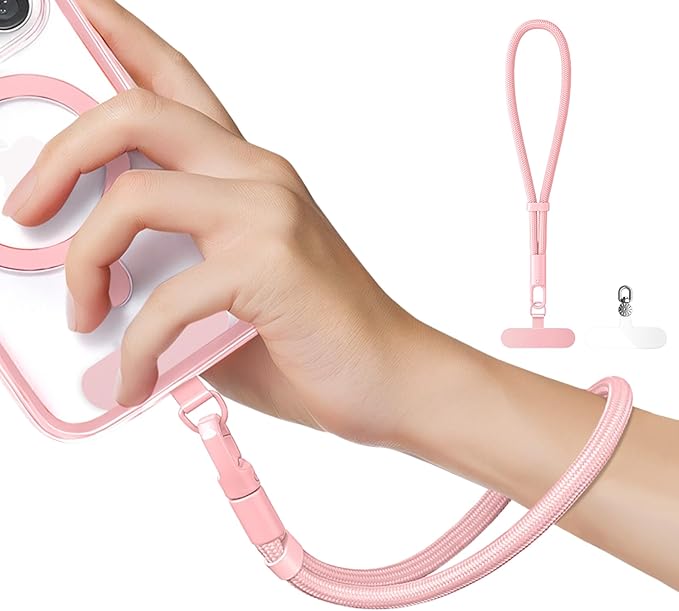 Minimalist Wrist Strap Phone Lanyard with Adjustable Drop-Proof Design, 7mm Reinforced Climbing Rope Material, 2 Phone Tether Tabs (Matching Metal and Rotatable Clear) - Sakura Pink