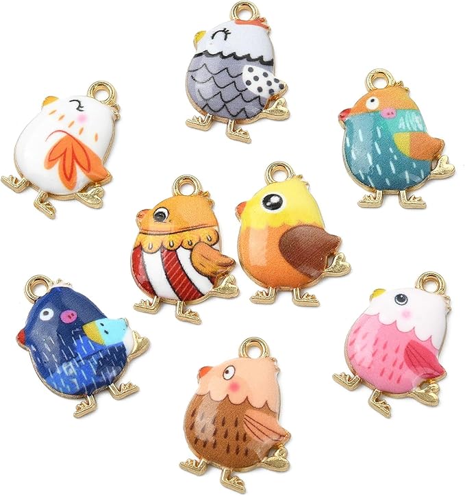 Stiesy 40 Pcs 8 Colors Enamel Colorful Printed Chick Charms Cute Farm Animal Alloy Pendant Charm Bulk for Jewelry Making DIY Necklace Bracelet Crafting