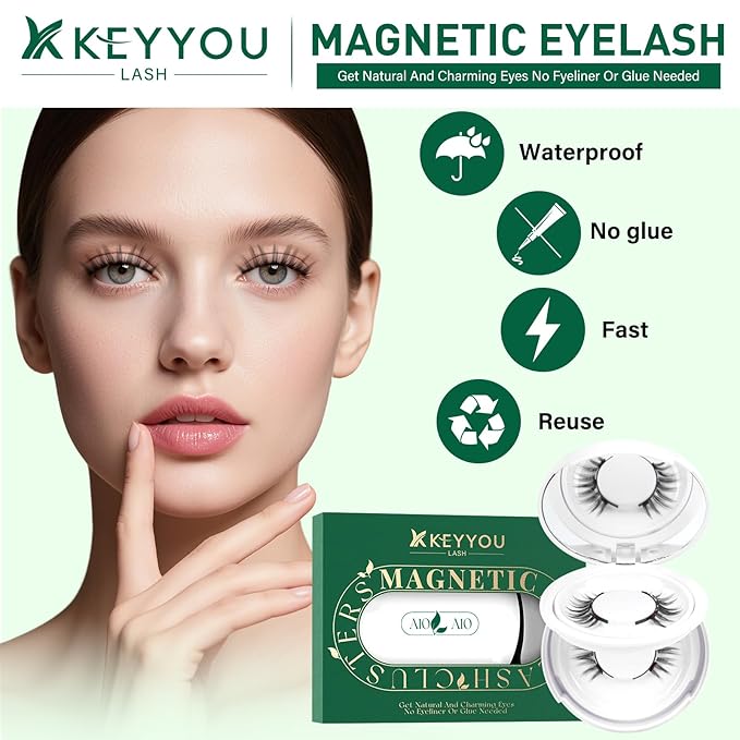 KEYYOU Reusable Magnetic Eyelashes 2 Pair with Applicator No Glue Needed 3D Natural Magnetic Lashes, Easy to Apply & Long Lasting for Daily Use & Events(A10+A10)