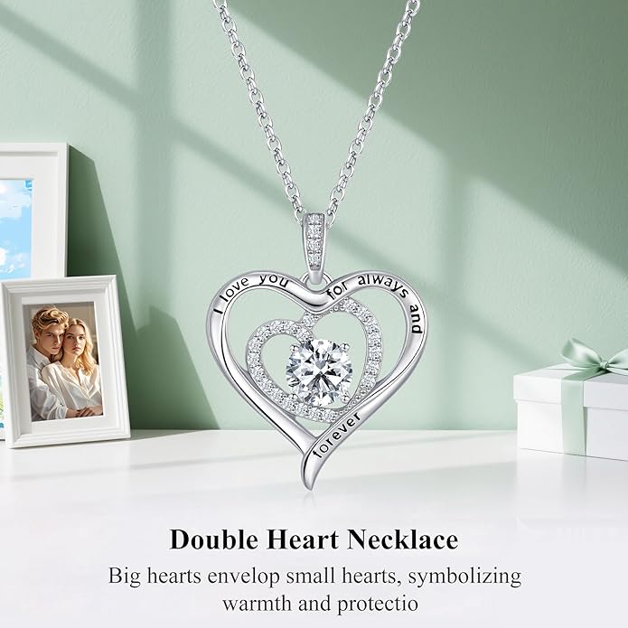 S925 Sterling Silver Necklace for Women, Valentines Day Gifts for Her, Love Heart Birthstone Necklaces for Women, Wife Jewelry, Mom Birthday Valentines Mothers Day Gifts, Girlfriend Necklaces, Daughter Heart Jewel, Anniversary for Her