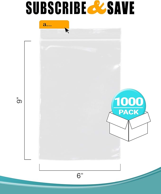 APQ Clear Plastic Reclosable Zipper Bags, 6 x 9 Inches. Pack of 1000 Reclosable Plastic Bags with Zipper Closure. 2 Mil Plastic Jewelry Bags. Waterproof Reclosable Zip Bags for Industrial Use
