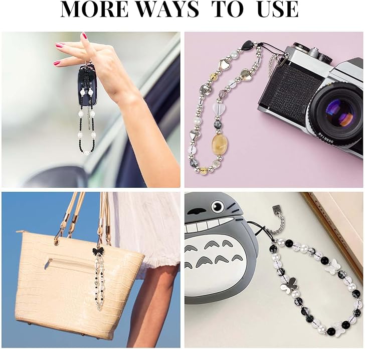 Draupnir 4pcs Phone Charms Strap, Butterfly Bow Camera Strap Wrist Beaded Phone Bracelet Wrist Straps, Pearl Bracelet Lanyard Keychain Charm for Women