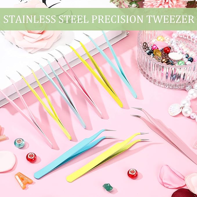 Honoson 9 Pieces Curved Pointed Craft Tweezers Stainless Steel Precision Tweezer with Protective Cover for Rhinestones Dried Flowers Craft Stickers Eyelash Extension Jewelry Making(Multiple Colors)