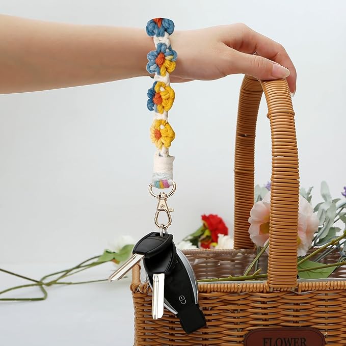 Macrame Keychain Handmade Wristlet Keychain Wrist Lanyard for Keys Cute flower keychain Key Chain for Women