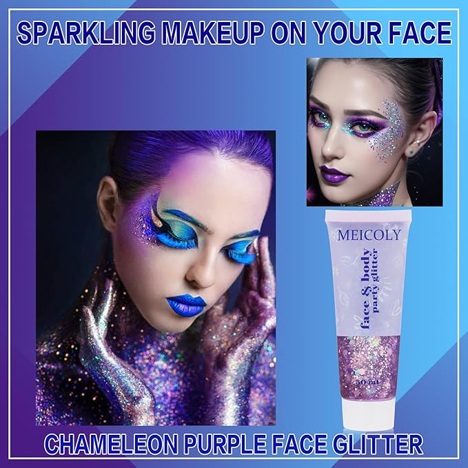 MEICOLY Chameleon Purple Hair Glitter,Halloween Chunky Face Body Glitter,Mardi Gras Accessories Outfits for Women,Color Changing Mermaid Face Glitter,Festival Glitter Makeup for Face Body Hair