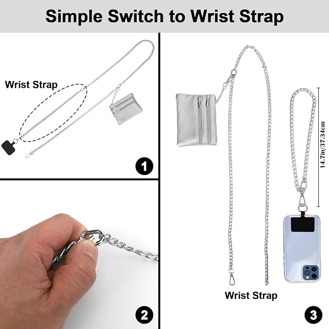 XANGNIER Clip and Go Strap for Phone with Wallet Crossbody, Phone Strap with Zippered Wallet, Adjustable Anti Theft Cellphone Lanyard for Women, Cellphone Chain Accessories,Chain Silver