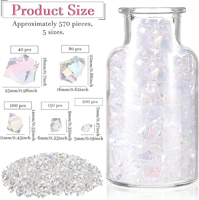 Syhood 570 Pcs 5 Sizes Bright Clear Fake Crushed Ice Rocks Iridescent Acrylic Crystal Gems Plastic Diamonds for Vase Fillers Winter Wedding Fish Tank Display Aquarium Table Scatter Holiday Decoration