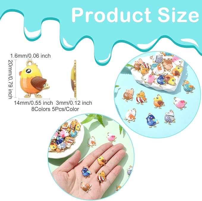Stiesy 40 Pcs 8 Colors Enamel Colorful Printed Chick Charms Cute Farm Animal Alloy Pendant Charm Bulk for Jewelry Making DIY Necklace Bracelet Crafting