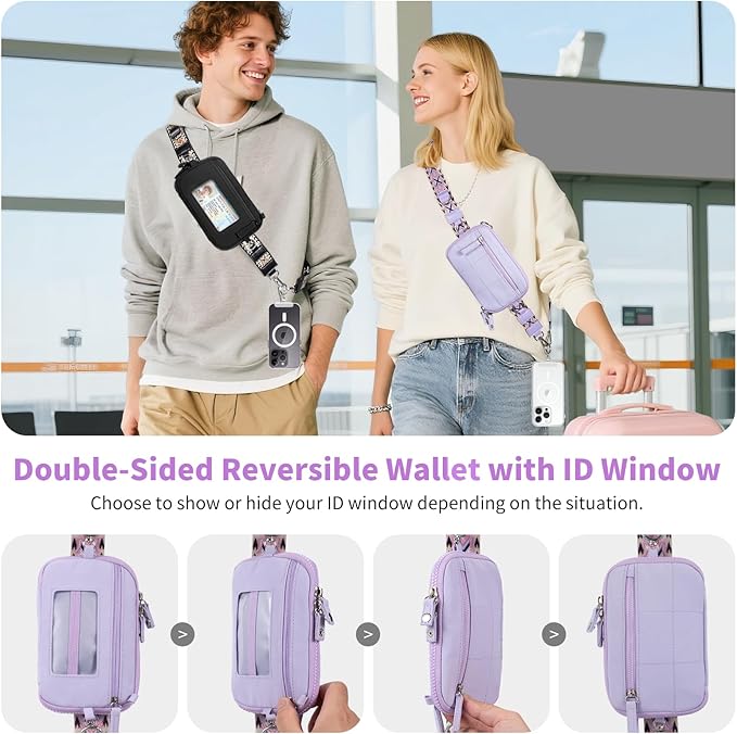 Clip and Go Strap for Phone with Wallet Crossbody Phone Lanyard with Anti-Theft Zipper Pouch Detachable Quilted Wrist Wallet with RFID and ID Window for Daily Travel. Purple Large