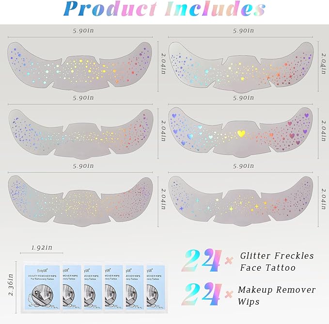 HOSAILY 24 pcs Holographic Multichrome Glitter Freckles Face Tattoo, Waterproof Sparkle Face Glitter Speckles Patches for Women, Cute Star Glitter Temporary Tattoo Makeup Accessories for Festival Rave