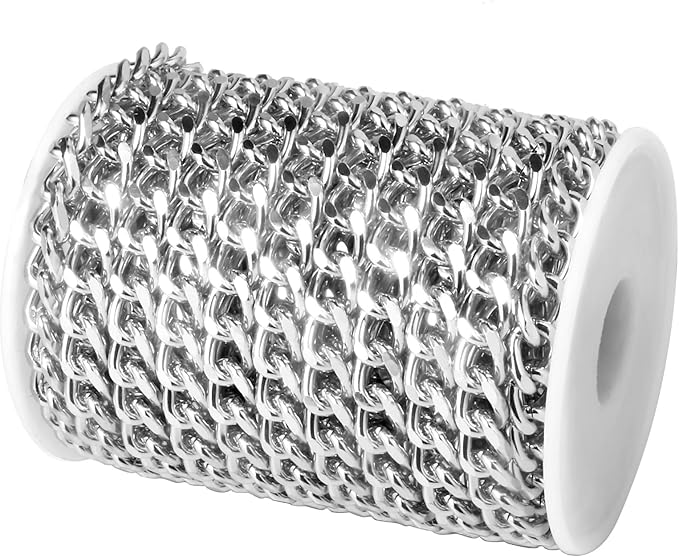[33ft] Silver Chain for Jewelry Making, 8.3mm Wide Silver Aluminum Curb Link Chain Roll Bulk for DIY Jewelry Making Craft