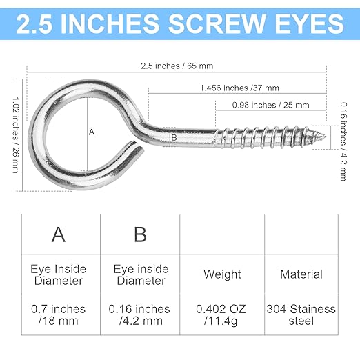Aovchei Eye Screws, 18Pcs 2.5 Inch Long, 304 Heavy Duty Stainless Steel Screw Hooks, Rust-Resistant Self Tapping Eyelet Bolts for Wood, Securing Cables Wires, Indoor & Outdoor for Hanging Artwork