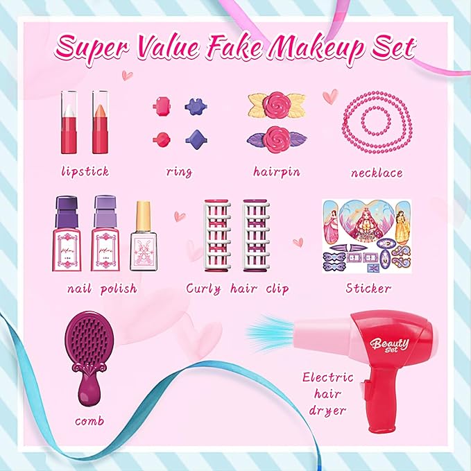 Pretend Play Girls Makeup Table Set with Stool，Open Doors by Gestures，Kids Vanity Set with Lights and Music，Toddler Beauty Salon Set with Makeup Accessories & Hair Dryer，Toy for Toddlers 2-5 Years Old