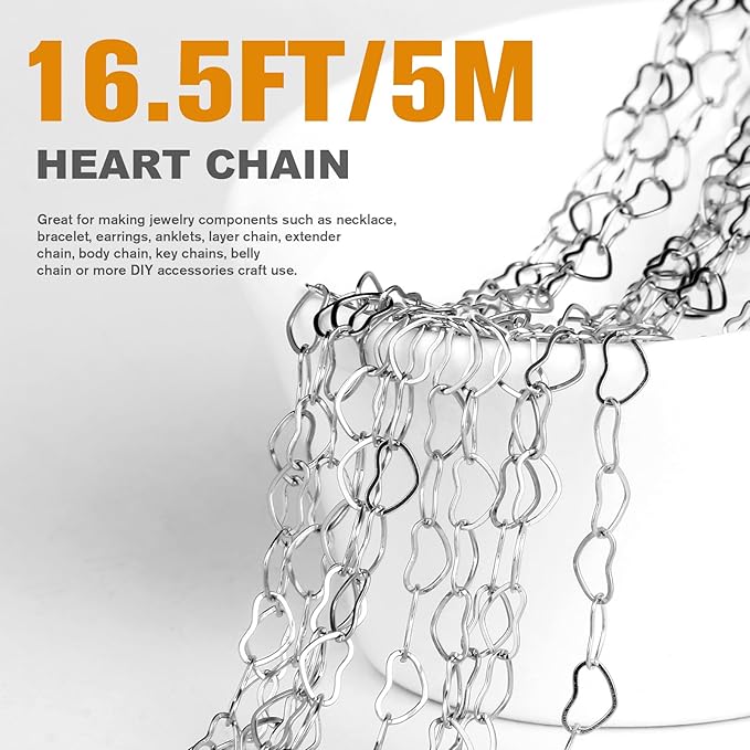 16.5FT Stainless Steel Heart Chain Roll, 304 Stainless Steel Heart Link Chain Spool Bulk for Jewelry Making Necklace Bracelet