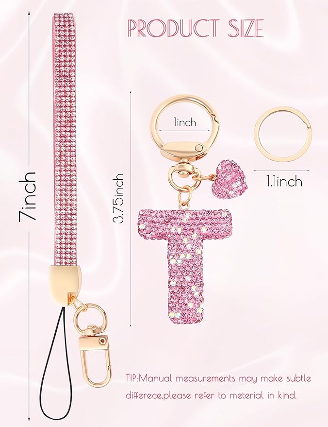 Initial Keychain for Women Girls,Bling Letter Key chain Initial with Heart,Pink Keychain Charms for Backpack Handbag