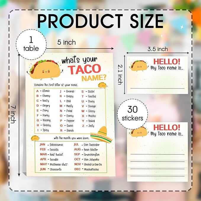 What is Your Taco Name Game Cards,Birthday Party Games for Kids and Adults, Taco Tuesday Party Supplies,1 Taco Name Game Double Sided Sign and 30 Taco Stickers,5x7 Inch