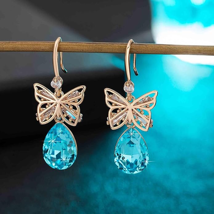 Austrian Crystal Teardrop Butterfly Drop Dangle Earrings for Women 14K Rose Gold Plated Hypoallergenic Jewelry