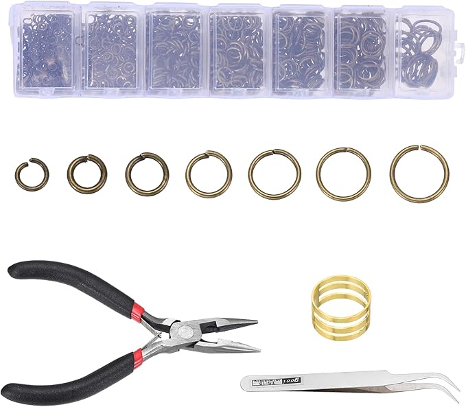 MECCANIXITY 1170Pcs Jump Rings for Jewelry Making, 7 Sizes Jewelry Making Kit with Jump Ring Opener & Pliers for Keychains Earings Repairing DIY Crafting Bronze