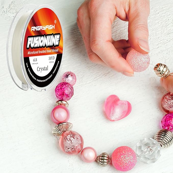 ANGRYFISH Fusionline Micro-Fused Braided Thread,Unbelievably High Tensile Strength,Not Stretch,Super Strong Stringing Material for Bracelet (Crystal, 6lb,0.006in-50yd)